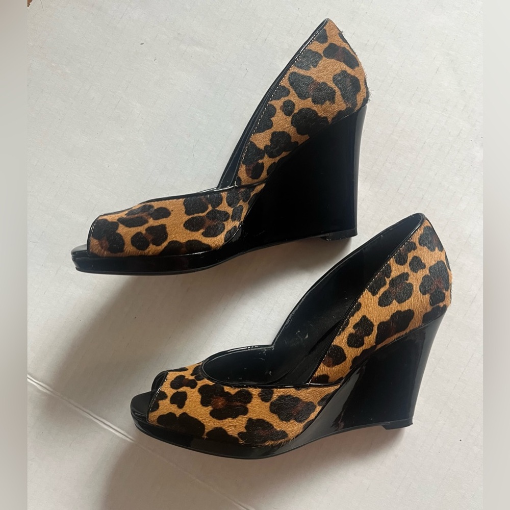 BCBGeneration Leopard Print Wedge Peep Toe Shoes